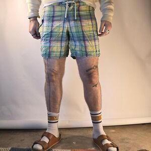 VTG Polo Ralph Lauren Mens 32 Swim Trunks Madras Plaid Cargo Y2K Mesh Drawstring